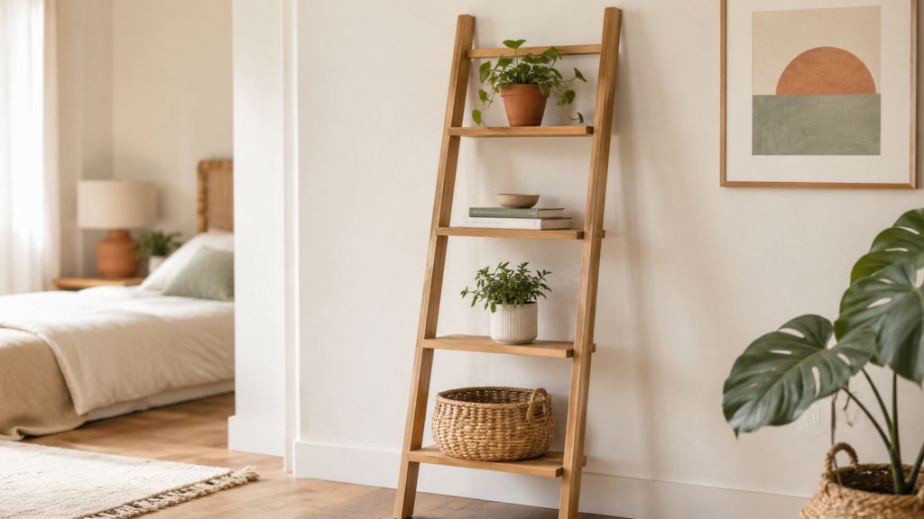 Flat lay or lifestyle photo, minimalist style. A wooden ladder shelf leaning against a light wall, neatly styled with a few books, a small plant and a simple basket. Warm neutral tones, soft terracotta and sage green accents. Bright, airy, real home feel — not luxury interior. No text. 16:9 format.